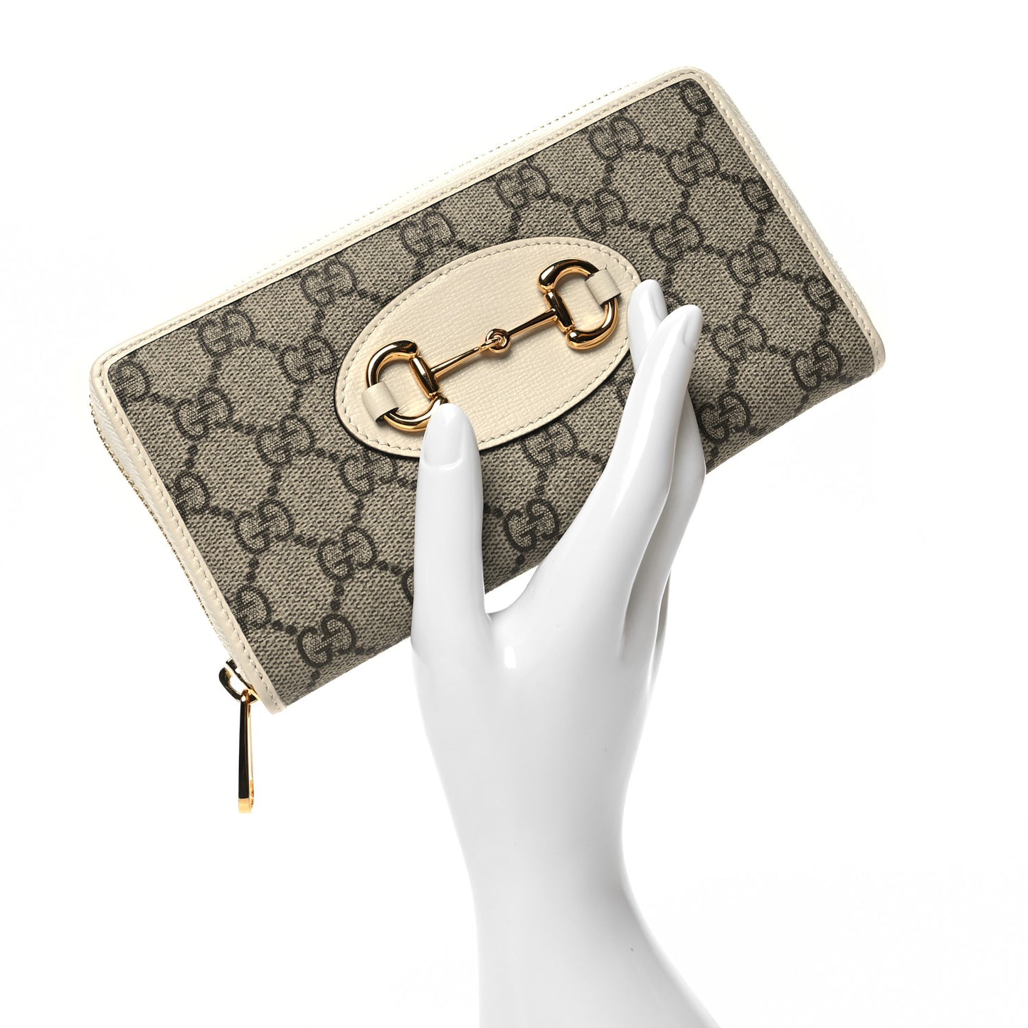 GG Supreme Monogram Azalea Calfskin Horsebit 1955 Zip Around Wallet Beige Ebony Mystic White