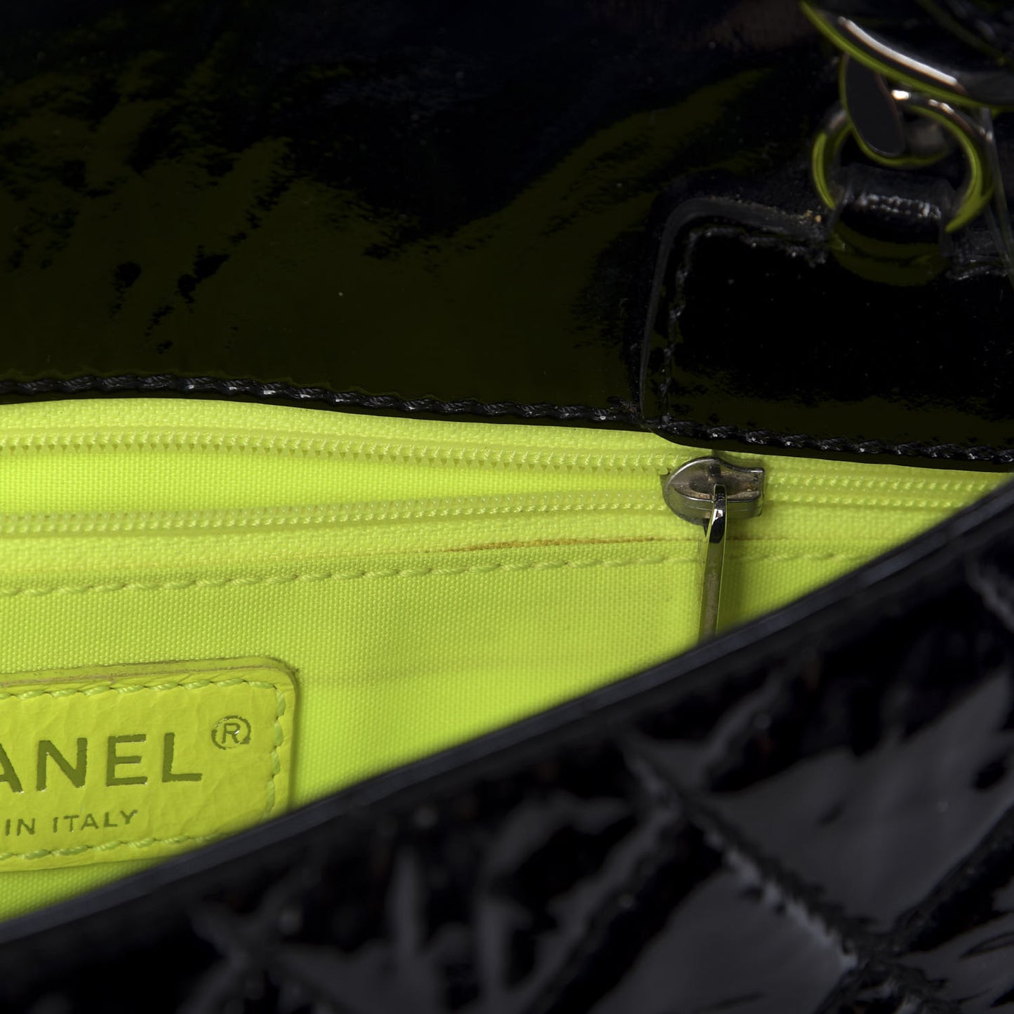 Patent Quilted Day Glo Flap Bag Black