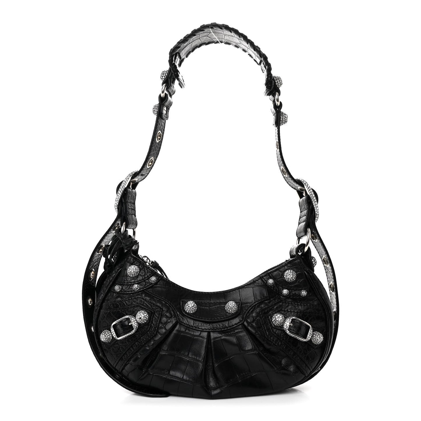 Extra Supple Calfskin Crystal Crocodile Embossed Le Cagole Shoulder Bag XS Black