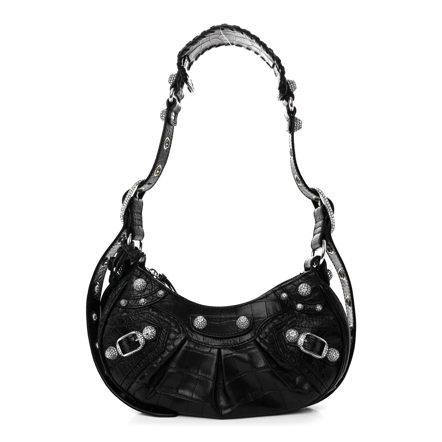 Balenciaga Extra Supple Calfskin Crystal Crocodile Embossed Le Cagole Shoulder Bag XS Black 1 of 12