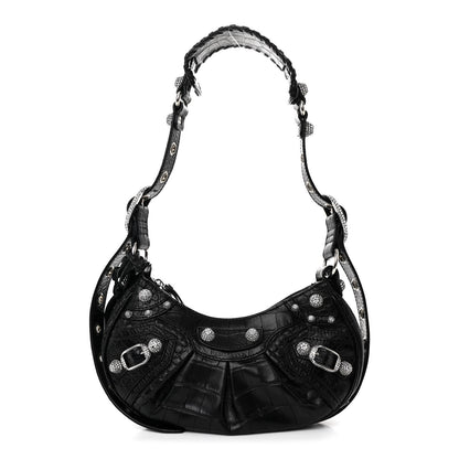 Balenciaga Extra Supple Calfskin Crystal Crocodile Embossed Le Cagole Shoulder Bag XS Black 1 of 12