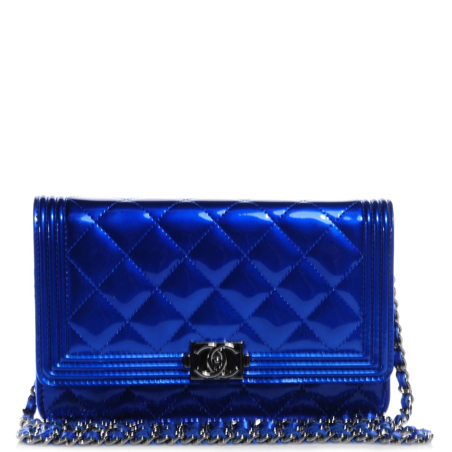 Metallic Patent Quilted Boy Wallet On Chain WOC Blue