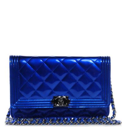 Chanel Metallic Patent Quilted Boy Wallet On Chain WOC Blue 1 of 9