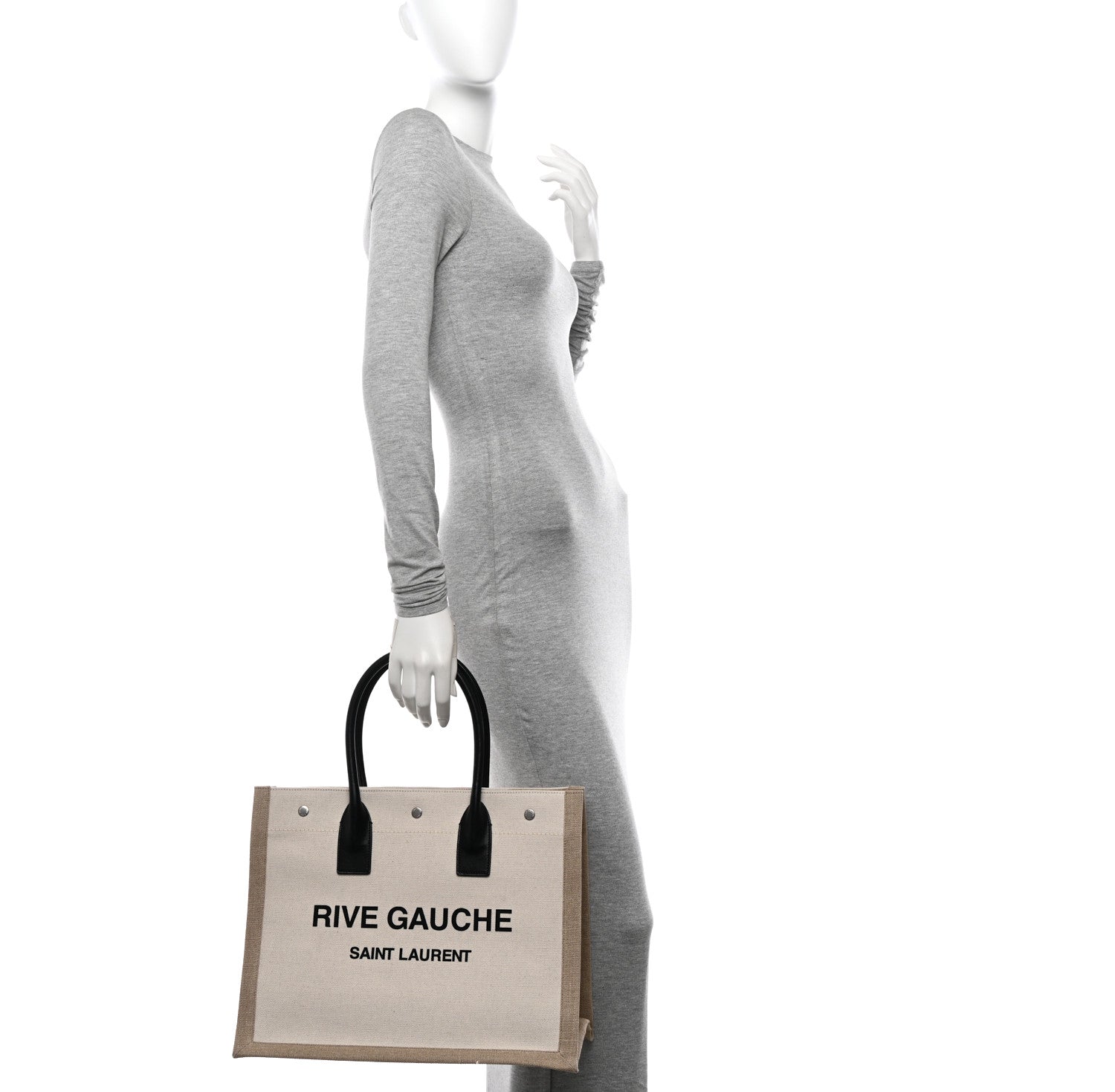 Saint Laurent Linen Calfskin Small Rive Gauche Tote Greggio Natural 2 of 10