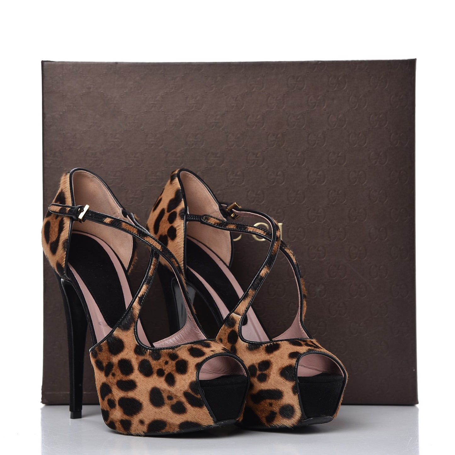 Calf Hair Leopard Print Criss Cross Platform Pumps 36.5