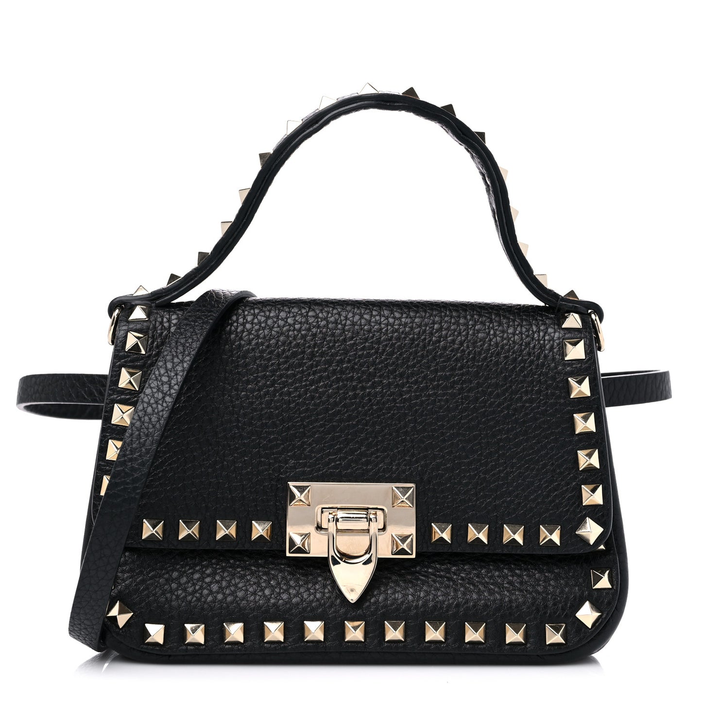 Grainy Calfskin Small Rockstud Top Handle Bag Black
