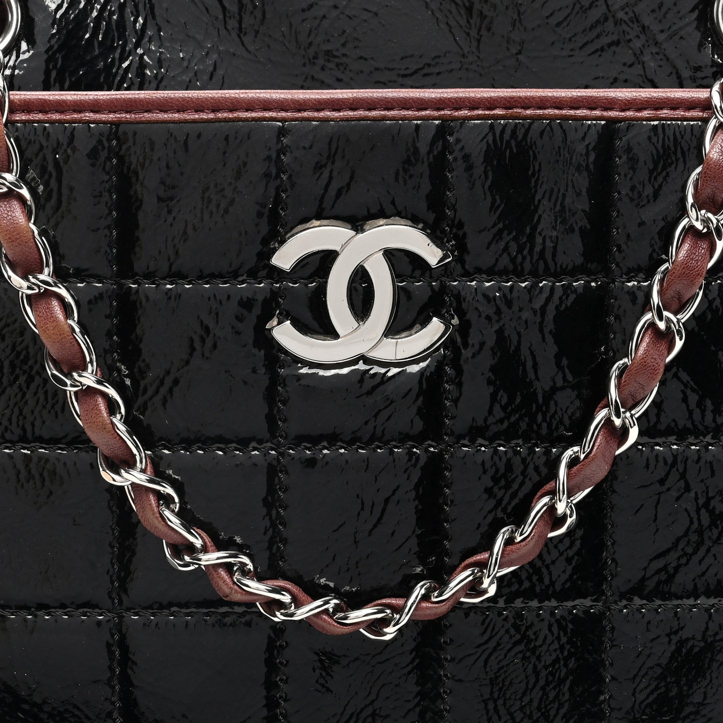 Patent Chocolate Bar Quilted Tote Black Brown