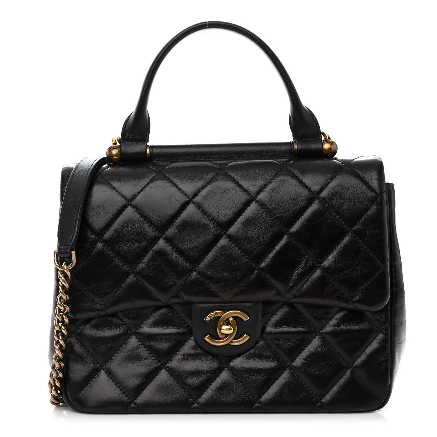Glazed Calfskin Quilted Medium Gold Bar Top Handle Flap Black