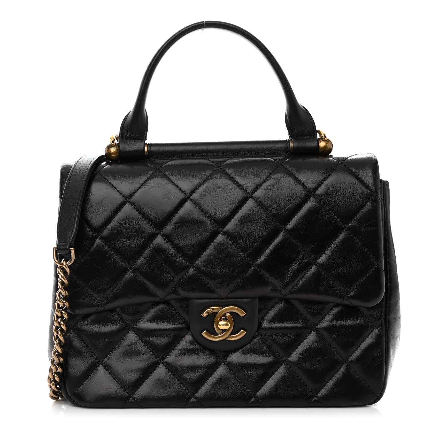 Chanel Glazed Calfskin Quilted Medium Gold Bar Top Handle Flap Black 1 of 12