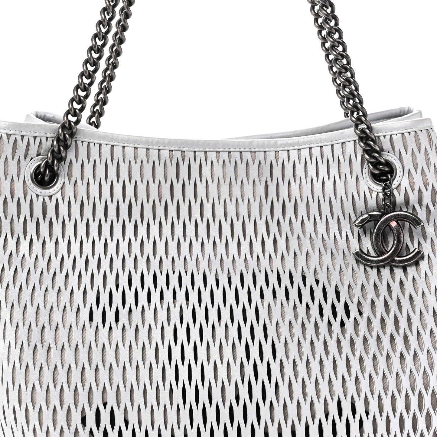Calfskin Laser Cut Perforated CC Tote Silver