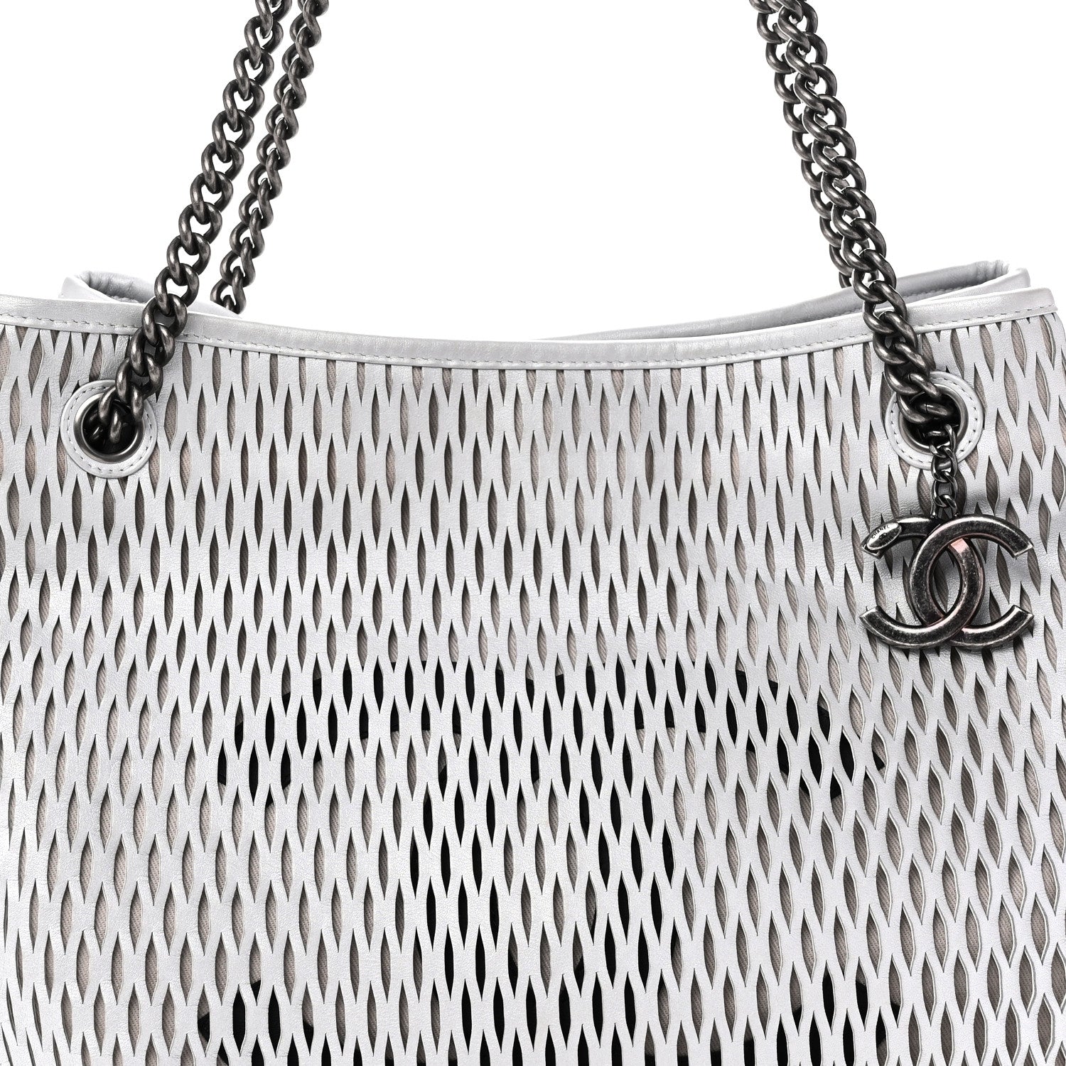 Chanel Calfskin Laser Cut Perforated CC Tote Silver 8 of 10