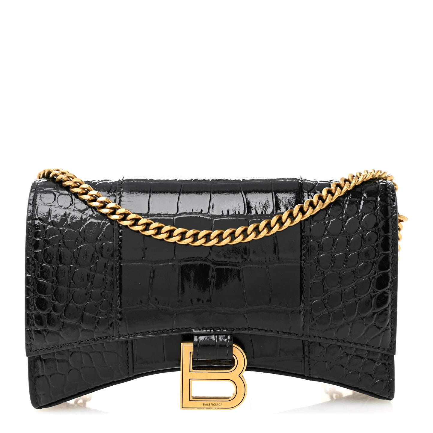 Shiny Calfskin Crocodile Embossed Hourglass Chain Bag Black