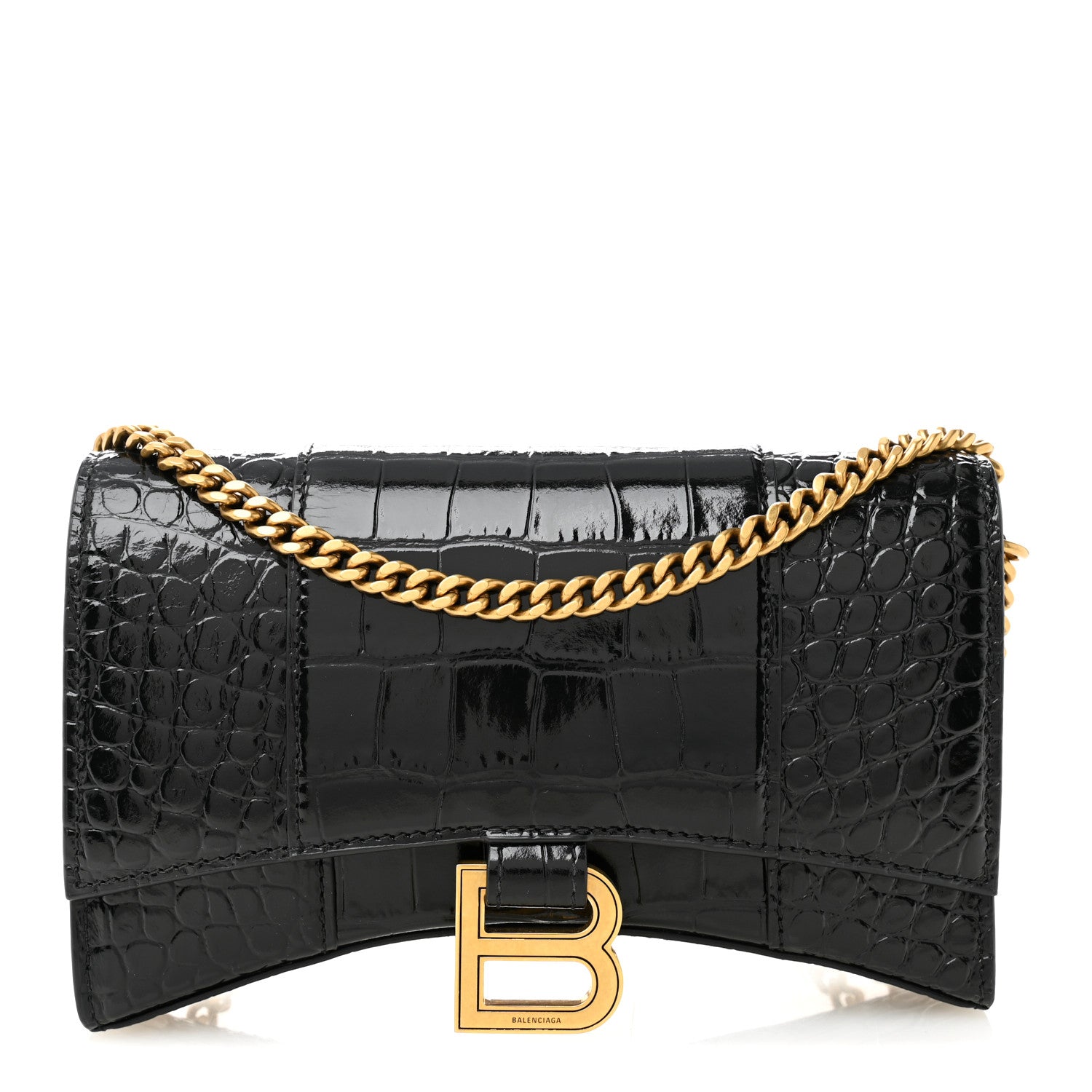 Balenciaga Shiny Calfskin Crocodile Embossed Hourglass Chain Bag Black 1 of 9