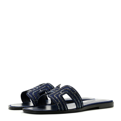 Hermes Suede Goatskin Crystal Oran Sandals 37 Bleu De Prusse Irisé 2 of 11