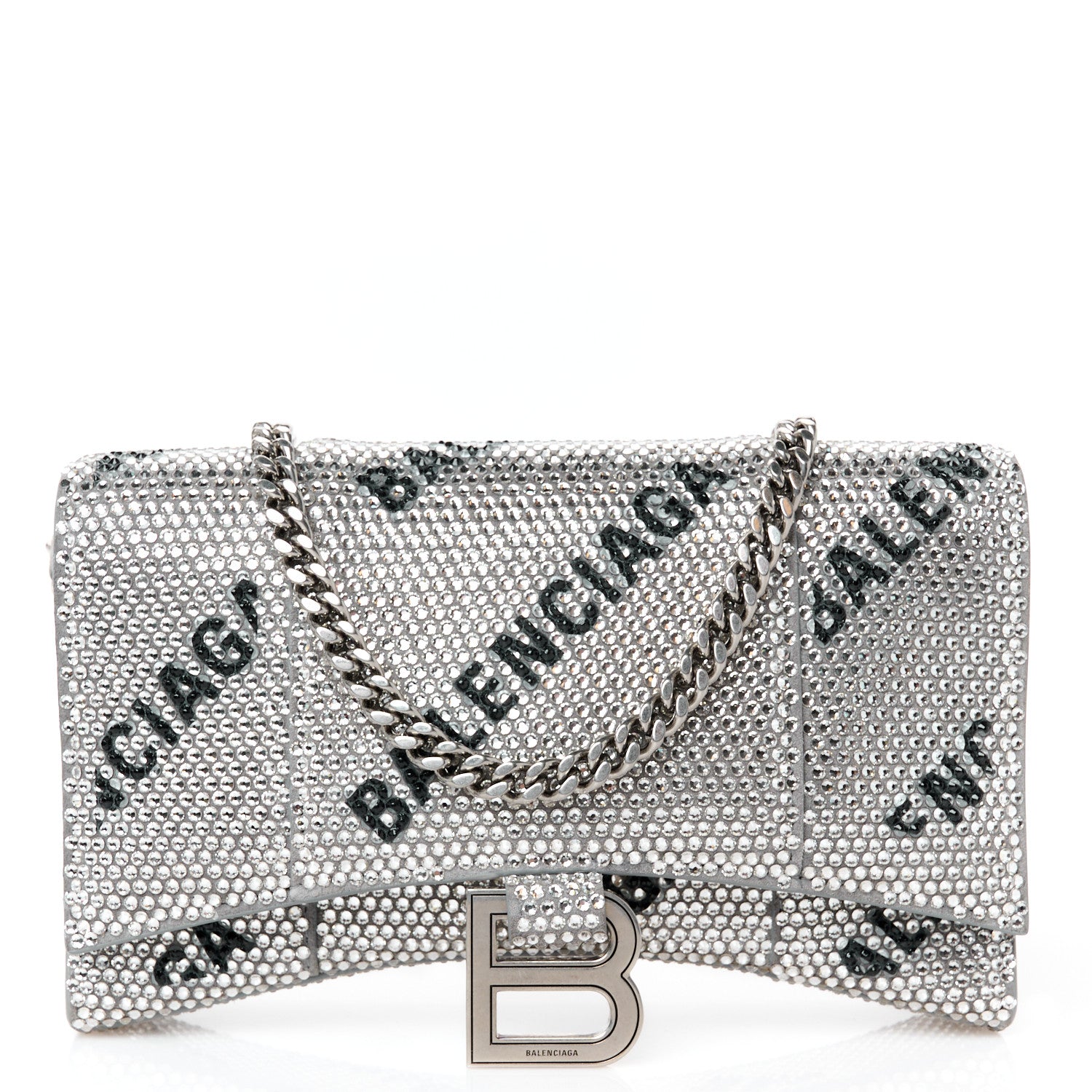 Balenciaga Strass Suede Allover Logo Hourglass Chain Bag Silver Black 1 of 11