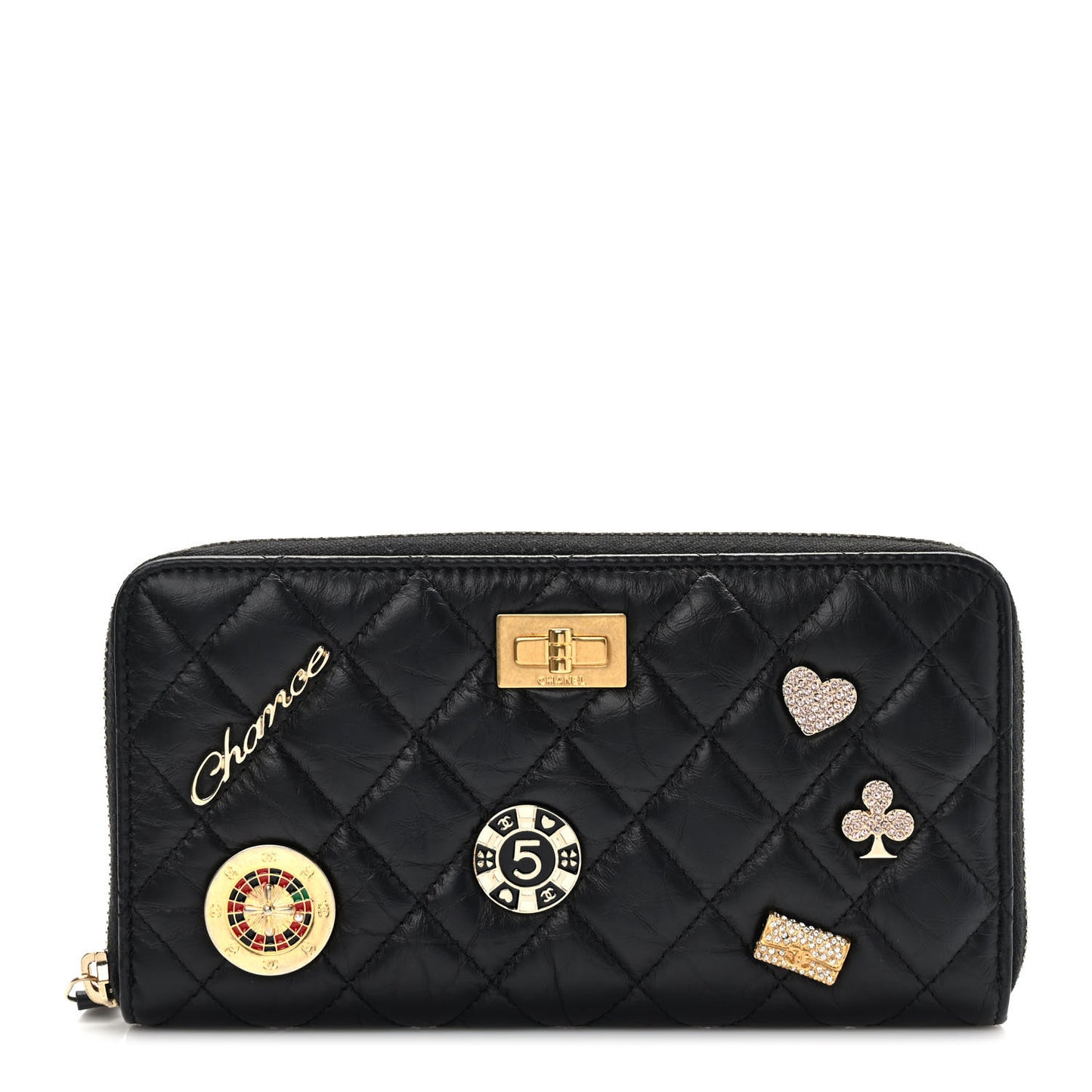 Aged Calfskin Quilted Lucky Charms 2.55 Reissue Zip Around Long Wallet Black
