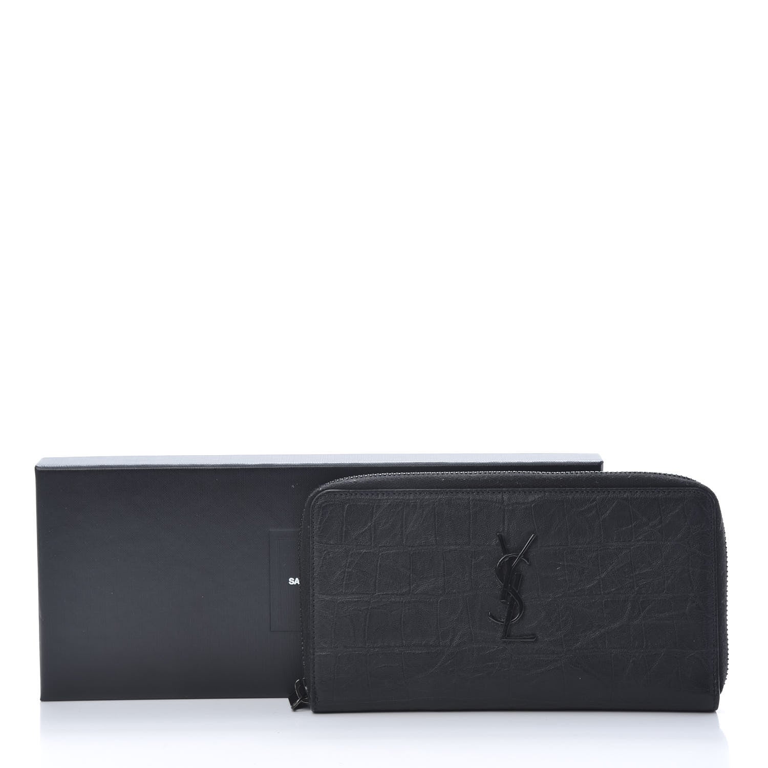 Saint Laurent Crocodile Embossed Sheepskin Mens Zip Around Continental Wallet Black 8 of 8