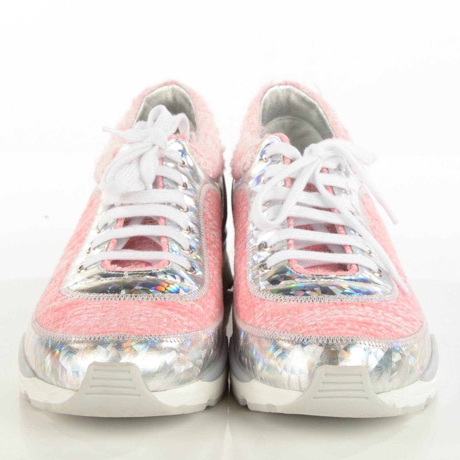 Chanel Tweed Suede Calfskin Sneakers 40 Silver Pink 2 of 8