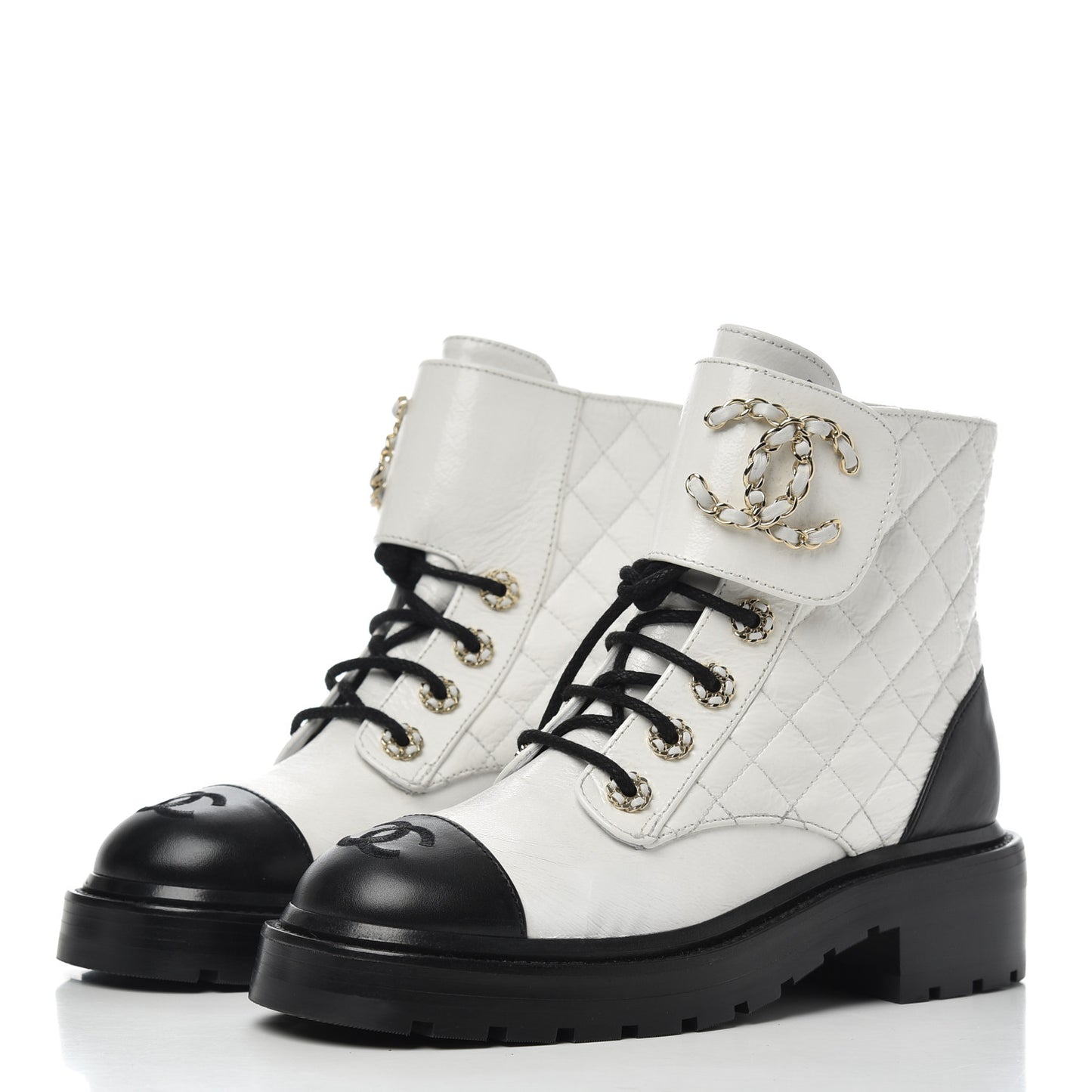 Shiny Goatskin Calfskin Quilted Lace Up Combat Boots 36 White Black