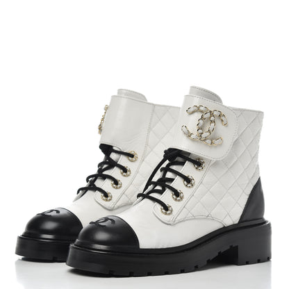 Chanel Shiny Goatskin Calfskin Quilted Lace Up Combat Boots 36 White Black 3 of 8