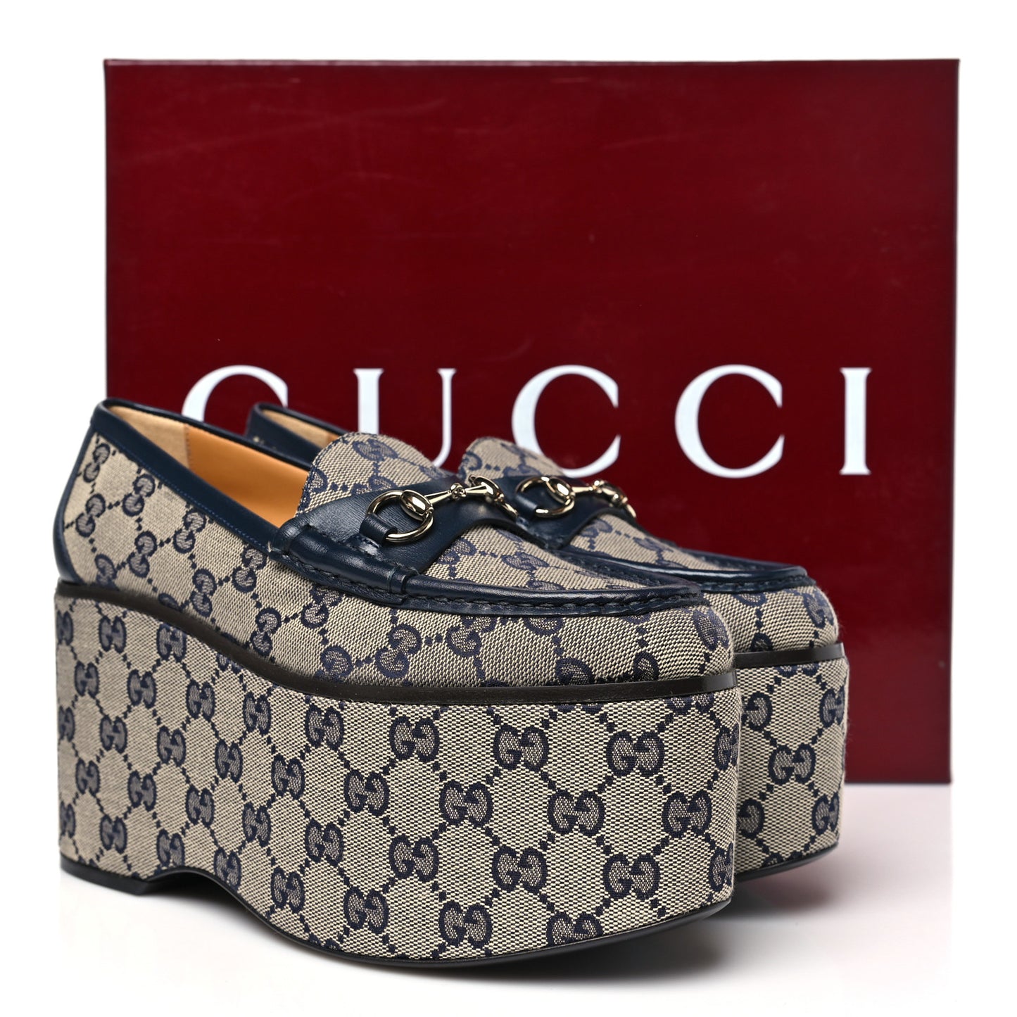 Canvas GG Monogram Horsebit Calfskin Womens Horsebit Platform Loafers 37 Beige Blue
