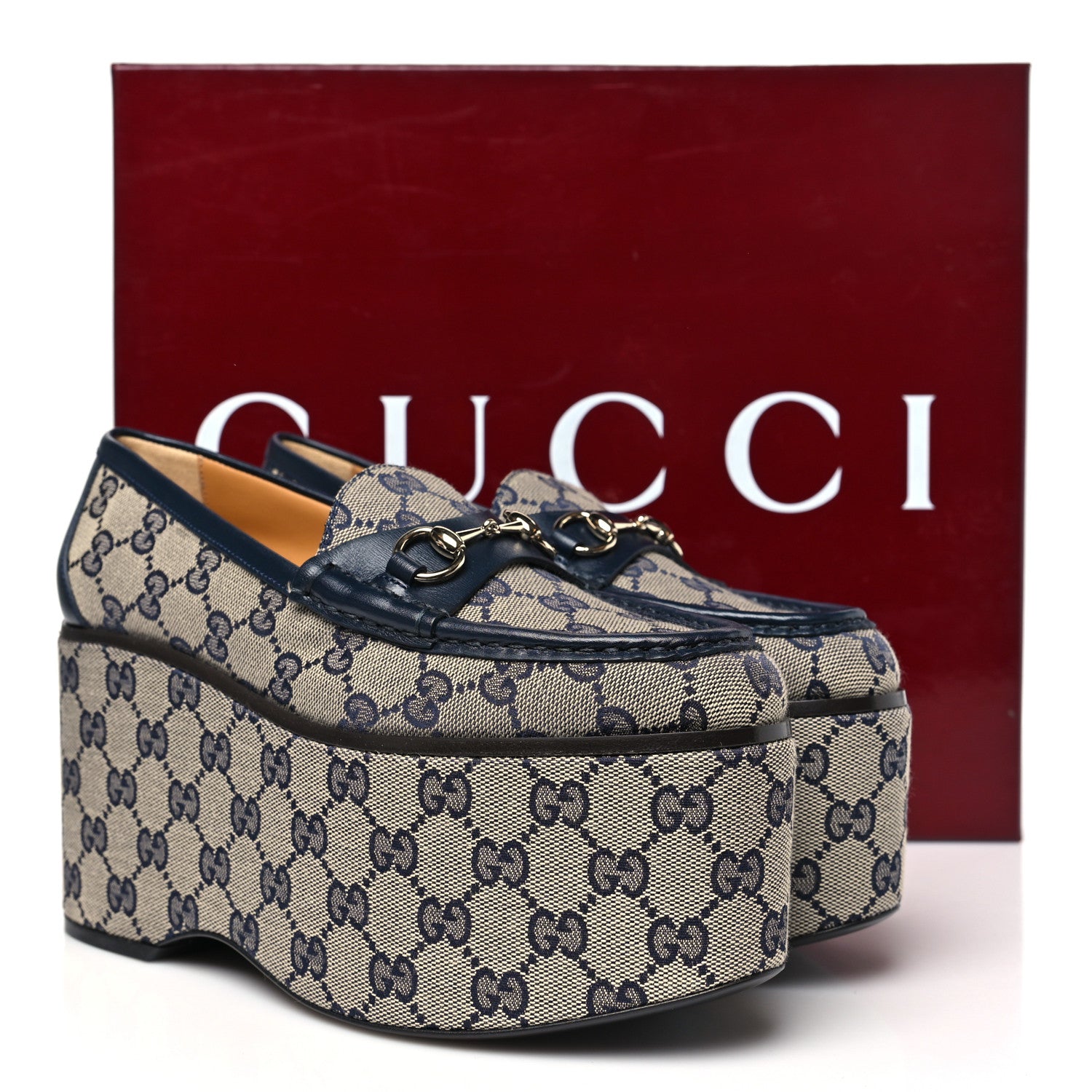 Gucci Canvas GG Monogram Horsebit Calfskin Womens Horsebit Platform Loafers 37 Beige Blue 10 of 10