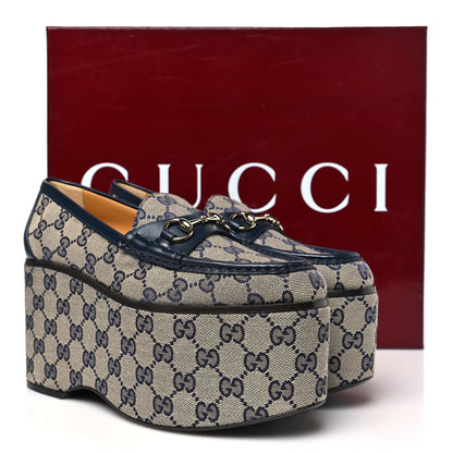 Gucci Canvas GG Monogram Horsebit Calfskin Womens Horsebit Platform Loafers 37 Beige Blue 10 of 10