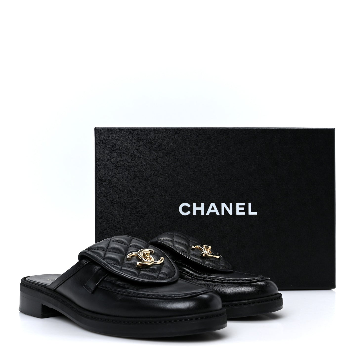 Lambskin Quilted CC Turnlock Mules 38.5 Black