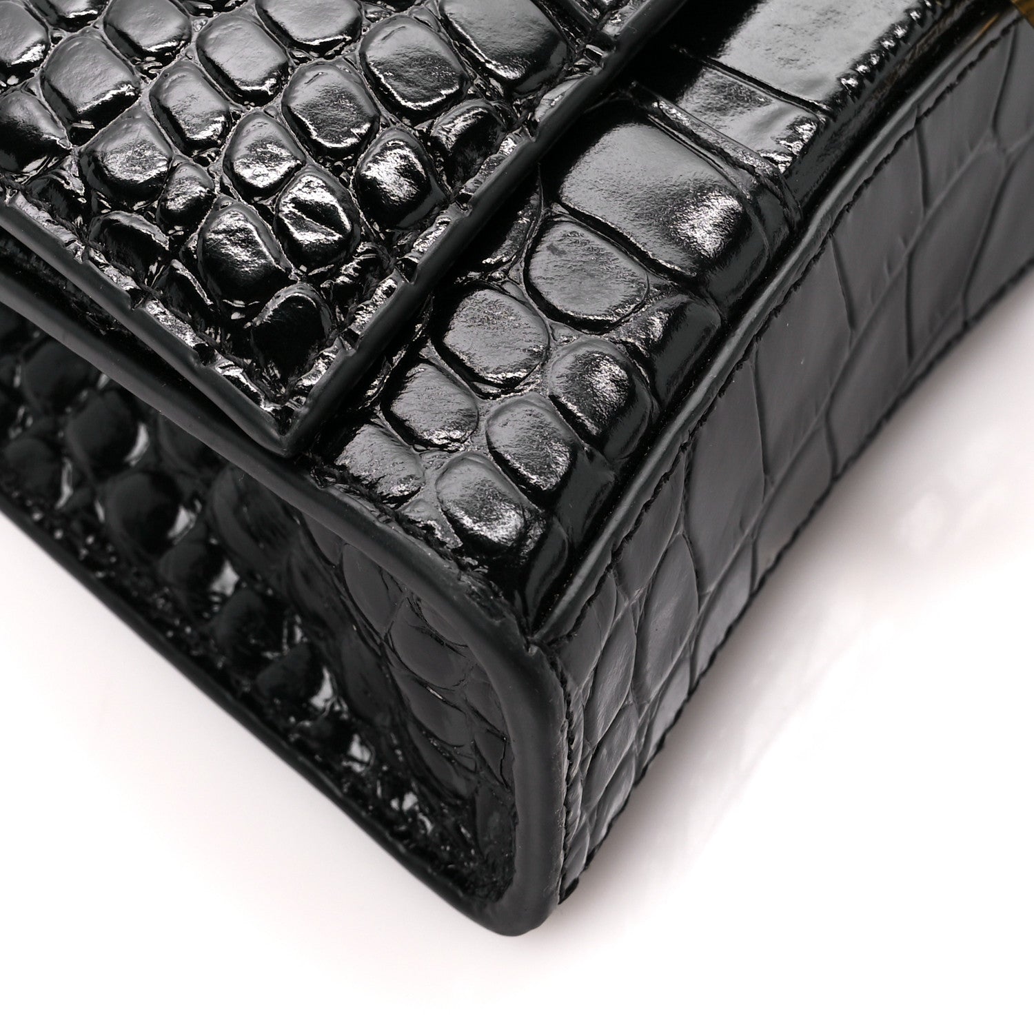 Balenciaga Shiny Calfskin Crocodile Embossed Hourglass Chain Bag Black 7 of 9