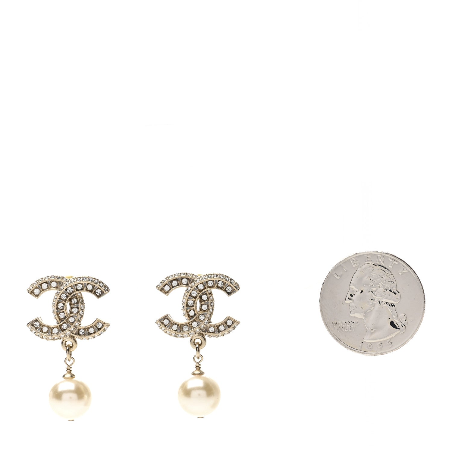 Chanel Crystal Timeless CC Pearl Drop Earrings Light Gold 2 of 5