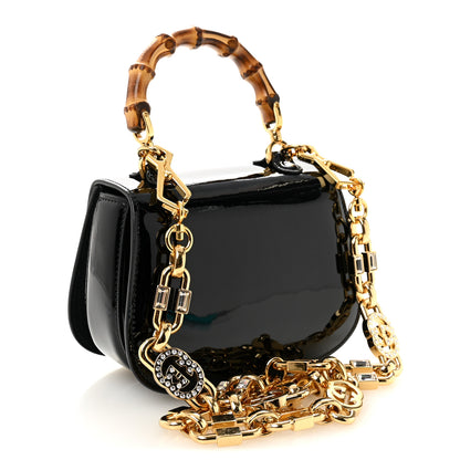 Gucci Patent Crystal Mini Bamboo 1947 Top Handle Chain Bag Black 3 of 11