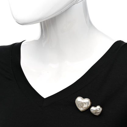 Chanel Resin Crystal CC Heart Brooch Set Pearly White Gold 2 of 5