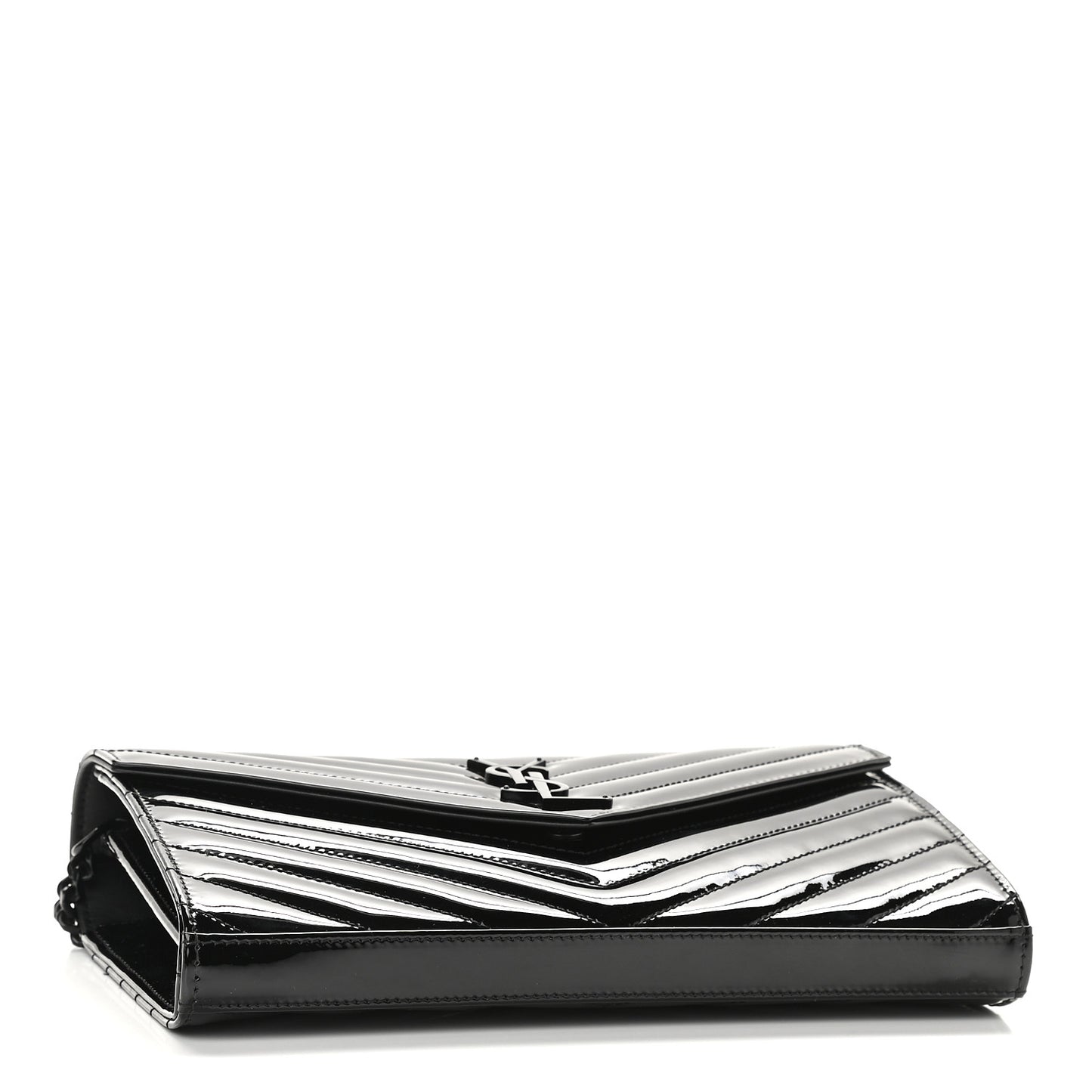 Patent Matelasse Chevron Monogram Chain Wallet Black