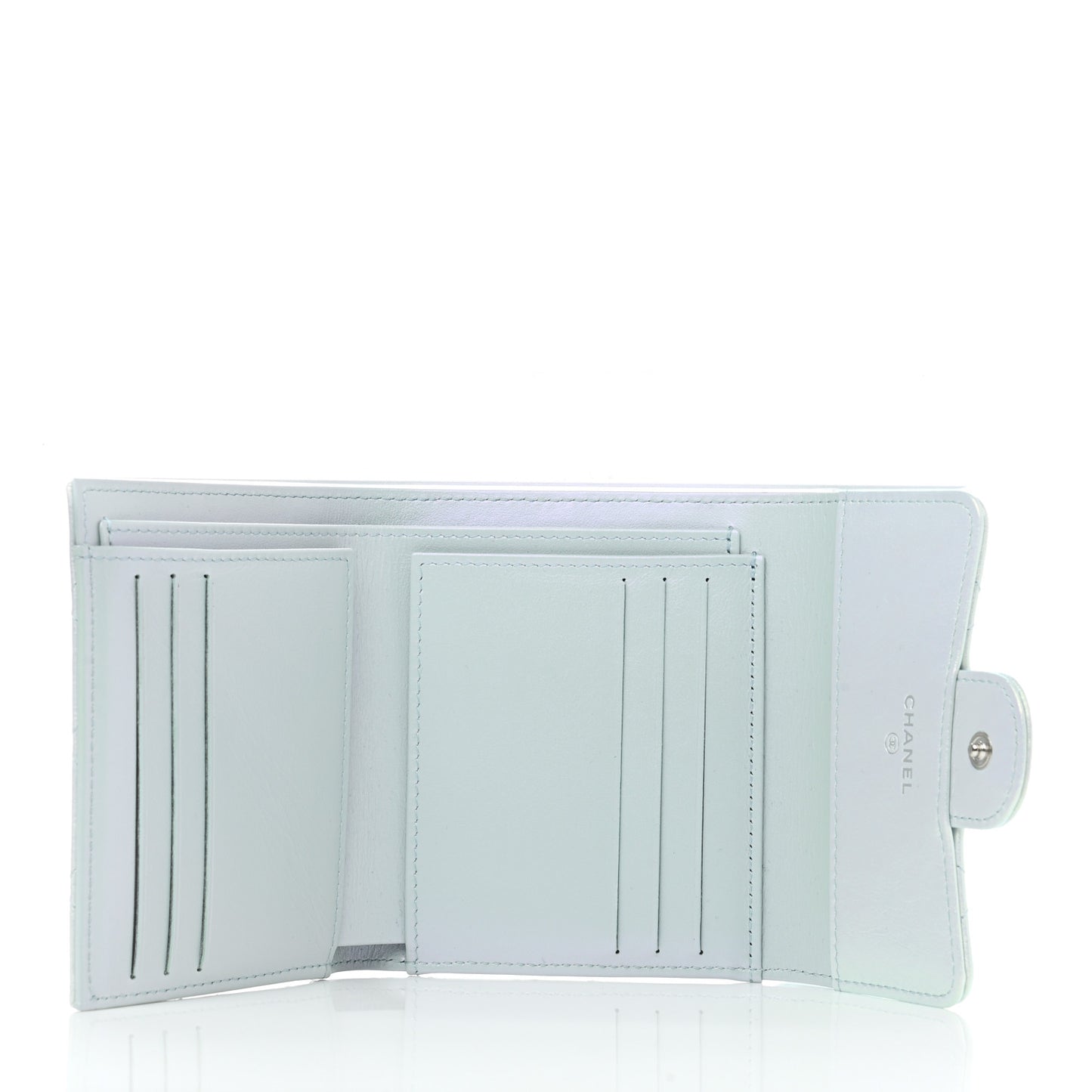 Iridescent Calfskin Quilted Compact Flap Wallet Light Blue