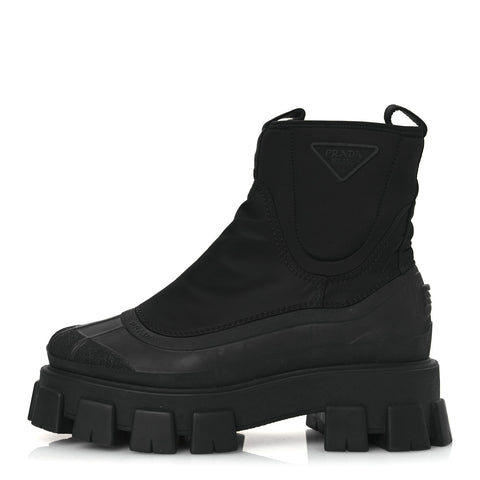Re-Nylon Gabardine Rubber Triangle Logo Womens Monolith 55mm Ankle Boots 38 Black
