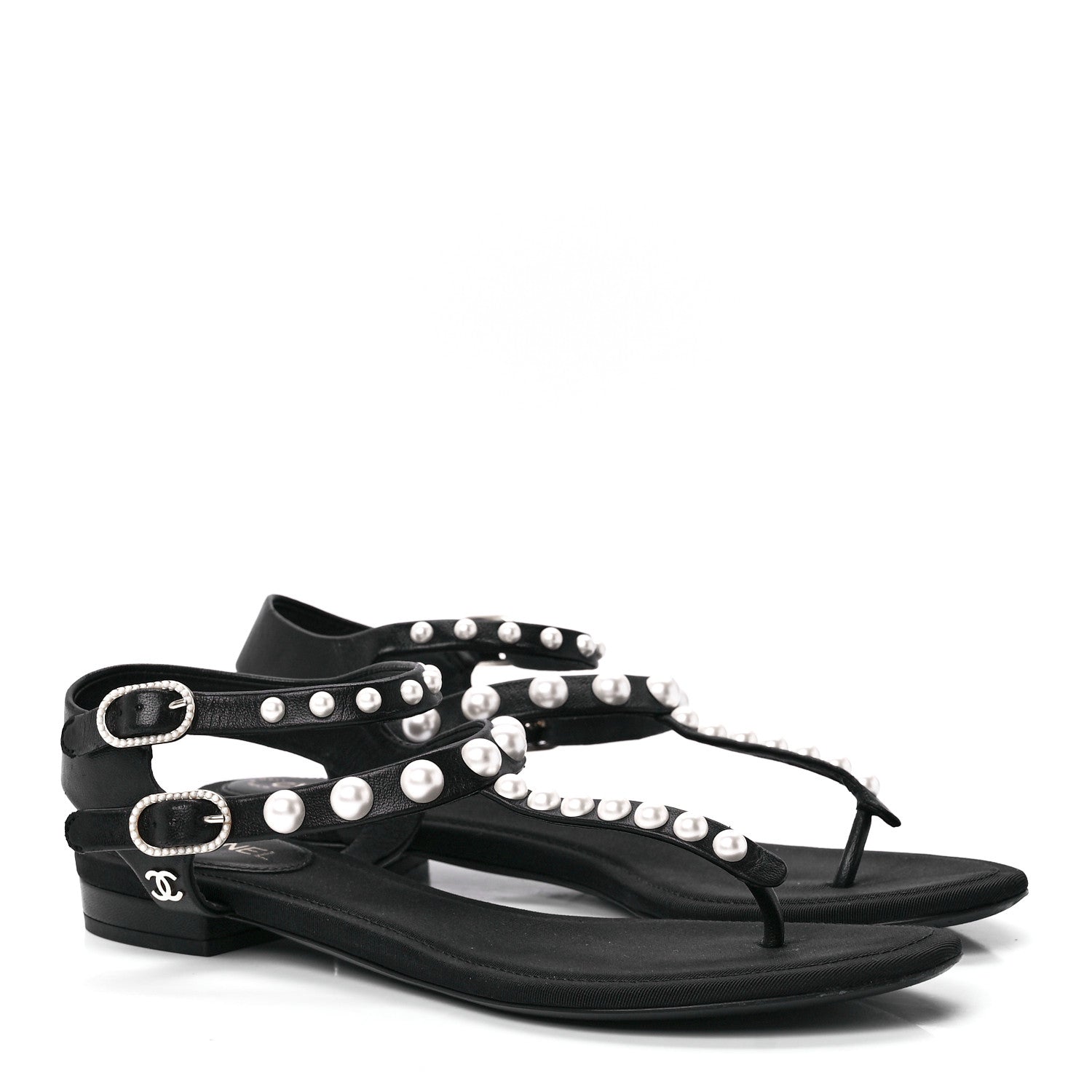 Chanel Calfskin Grosgrain Pearl Thong Sandals 36 Black 4 of 7
