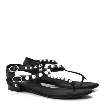 Chanel Calfskin Grosgrain Pearl Thong Sandals 36 Black 4 of 7