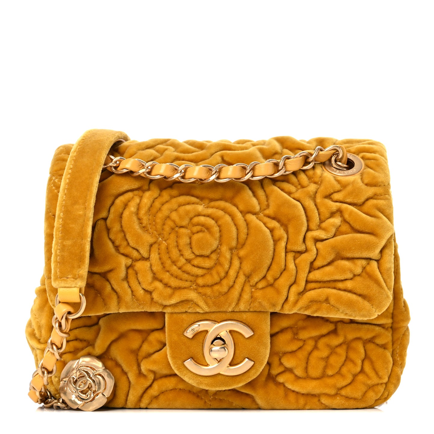 Velvet Camellia Embossed Mini Square Flap Yellow