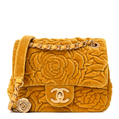 Chanel Velvet Camellia Embossed Mini Square Flap Yellow 1 of 9