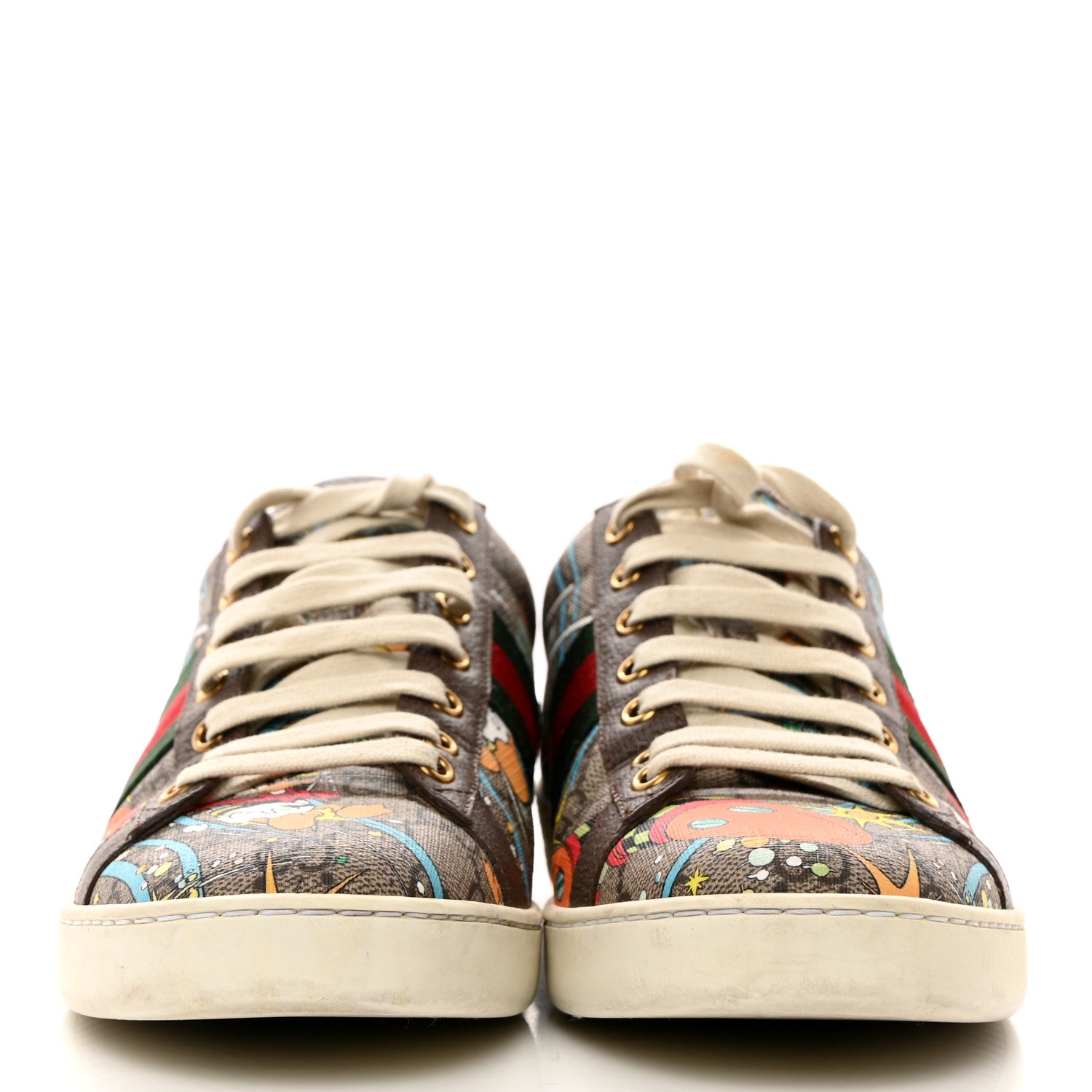 Gucci X DISNEY GG Supreme Monogram Web Donald Duck Womens Ace Sneakers 40 Beige New Acero Orange 2 of 8