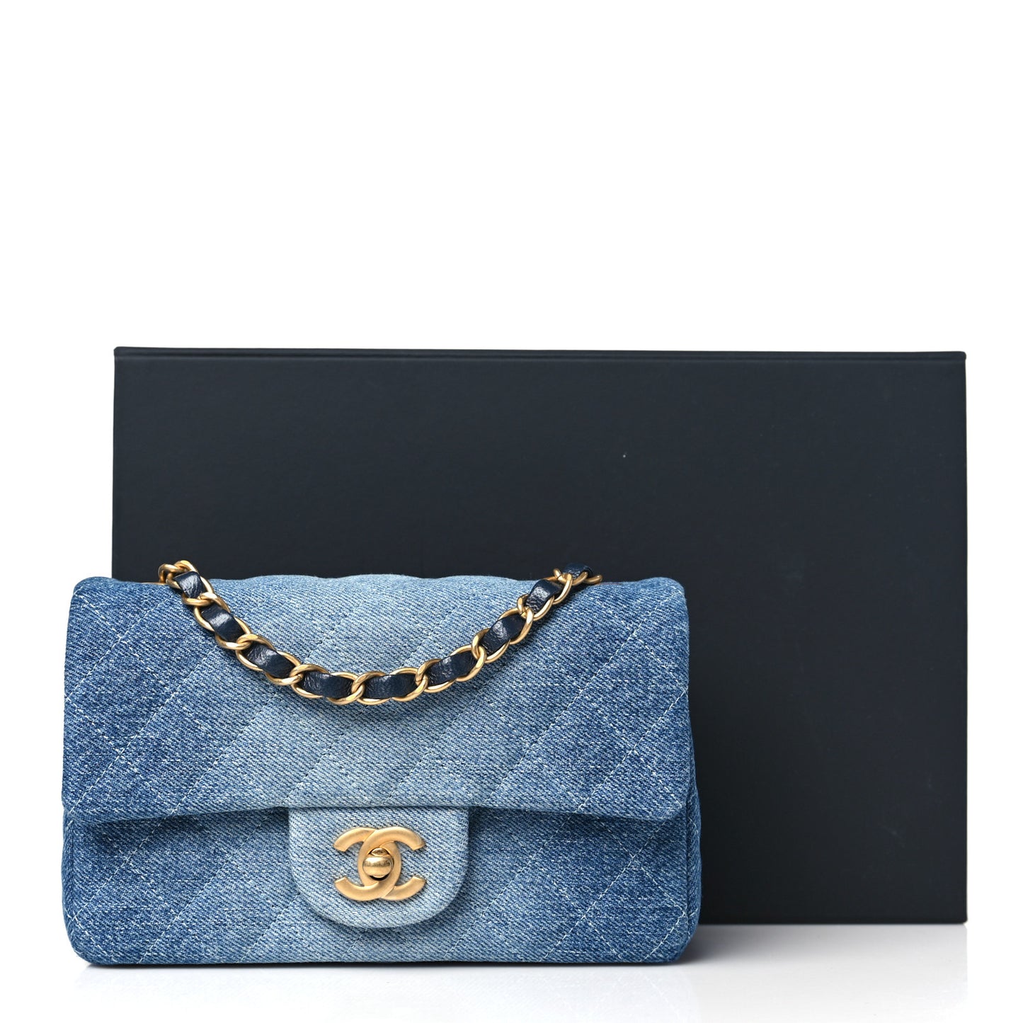 Washed Denim Quilted Mini Rectangular Flap Blue
