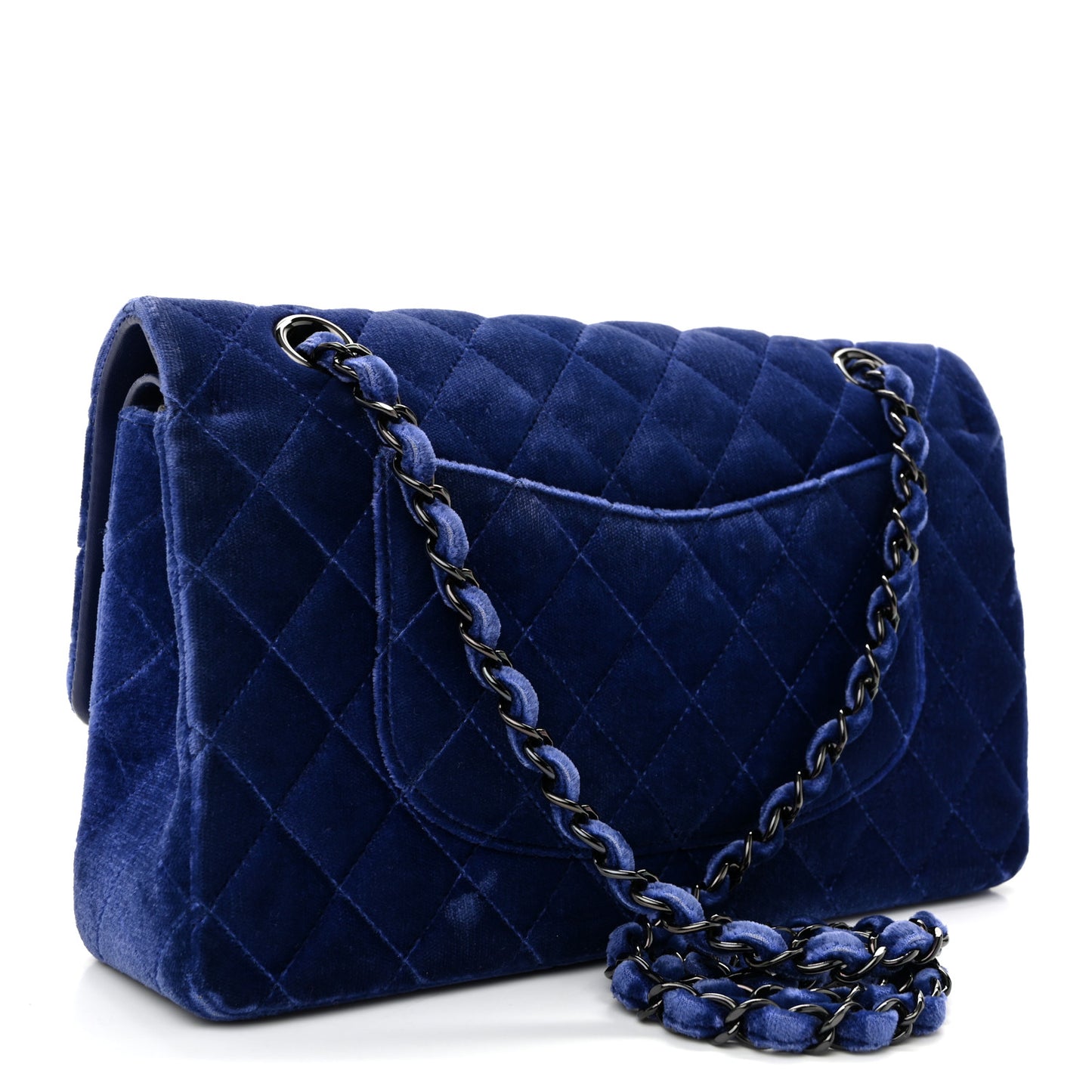 Velvet Quilted Medium Double Flap Navy Blue
