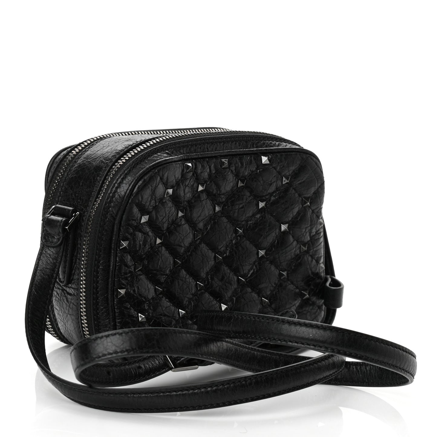 Craquele Nappa Rockstud Spike Double Zip Camera Crossbody Bag Black