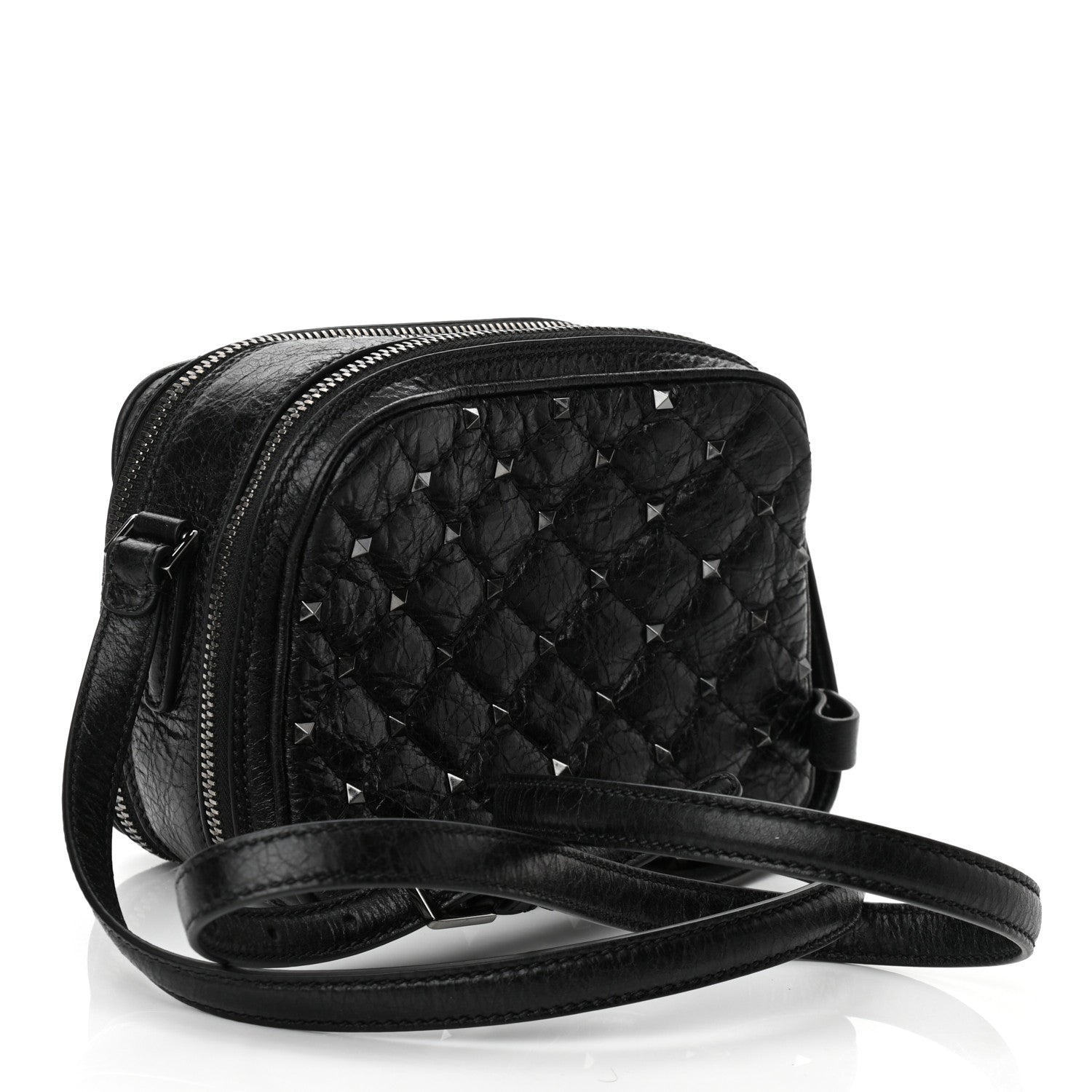Valentino Garavani Craquele Nappa Rockstud Spike Double Zip Camera Crossbody Bag Black 2 of 9