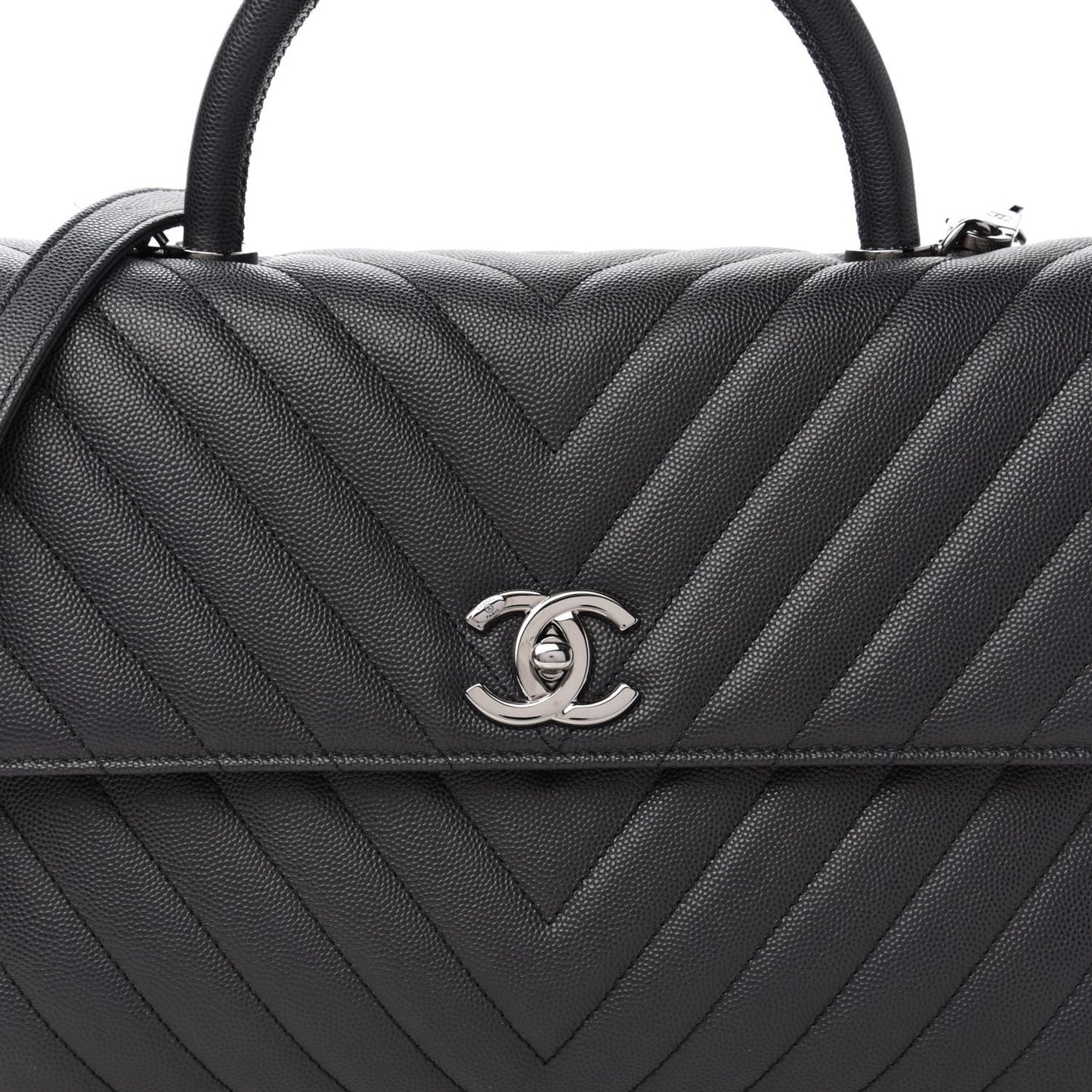 Caviar Chevron Quilted Medium Coco Handle Flap Dark Grey
