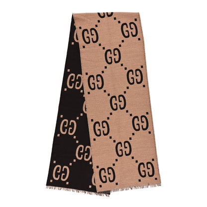 Gucci Wool Silk Monogram Jumbo GG Freedom Scarf Dark Brown Beige 2 of 4