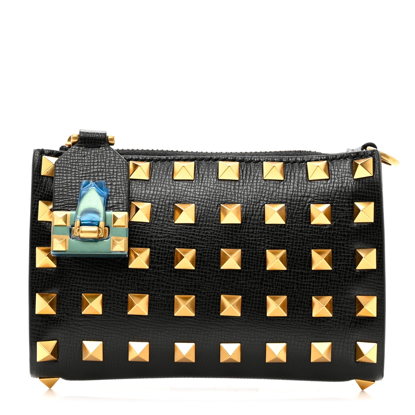 Grainy Calfskin Rockstud Allover Alcove Coin Case Card Holder Black
