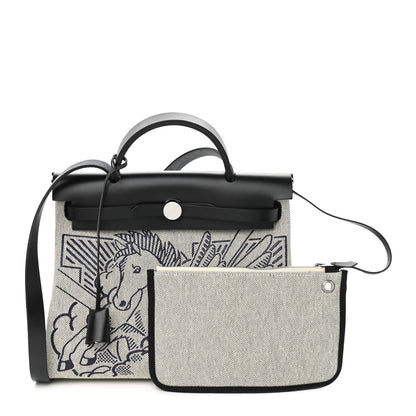 Hermes Vache Hunter Toile H Pegase Pop Herbag Zip Retourne 31 PM Bleu Indigo Ecru Black 1 of 11