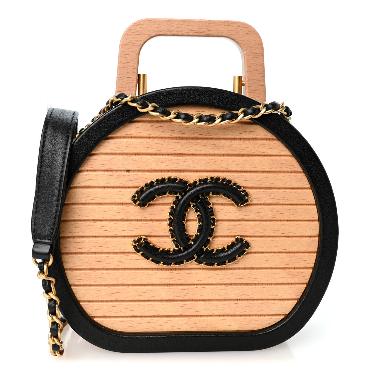 Beech Wood Lambskin Round CC Vanity Case Black