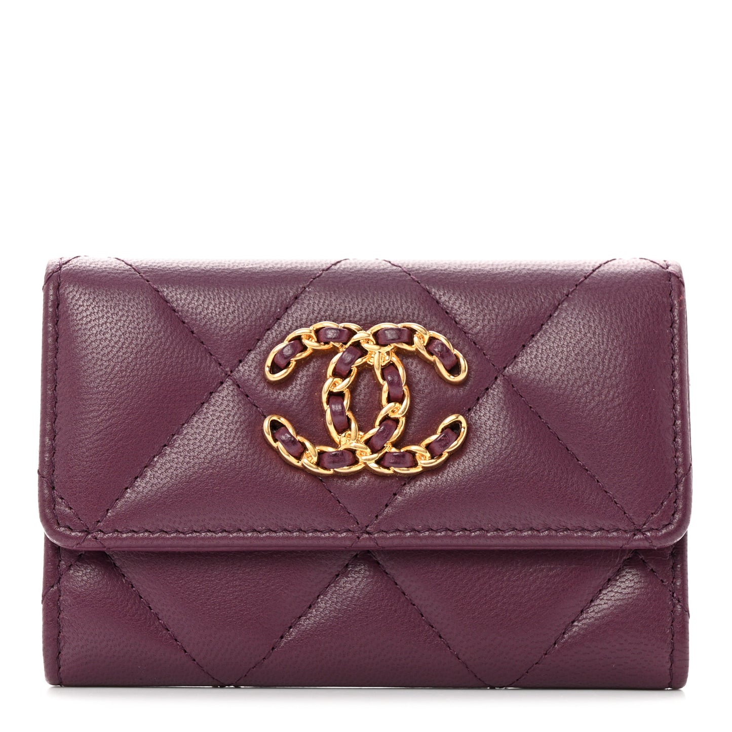 Shiny Goatskin Quilted Chanel 19 Flap Card Holder Purple